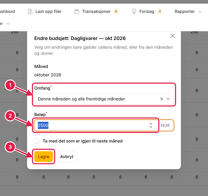 Vinduet for å endre budsjett. 1: velg om endringen gjelder én måned eller alle fremover. 2: beløpet. 3: lagre.
