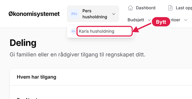 Menyen øverst til venstre der du bytter mellom ditt eget og et delt regnskap.