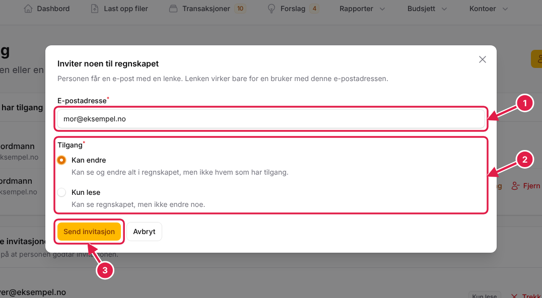 Vinduet for å invitere noen, med e-postadresse og valg av tilgang.