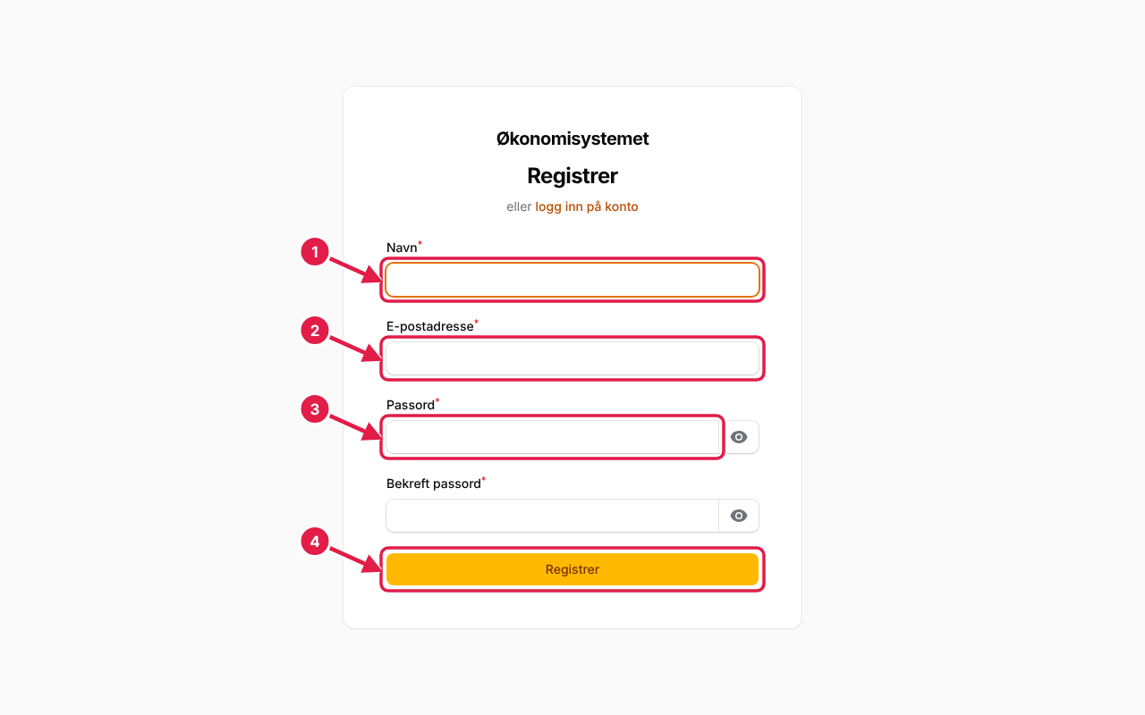 Registreringssiden. Fyll inn navn, e-post og passord, og trykk Registrer.