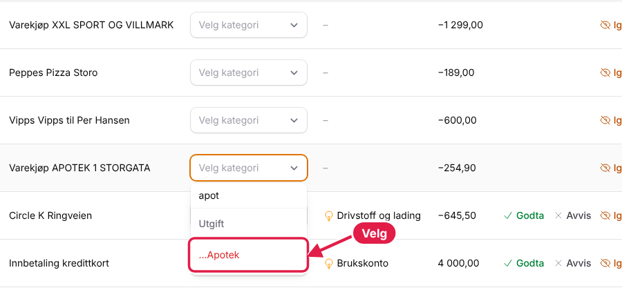 Søk etter kategori ved å skrive noen bokstaver, og trykk på den riktige.